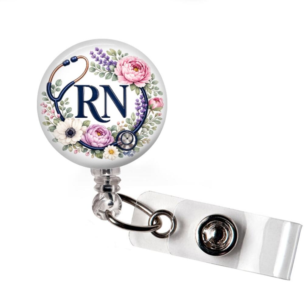 RN Badge Reel Floral Stethoscope Registered Nurse Healthcare ID Clip Gift